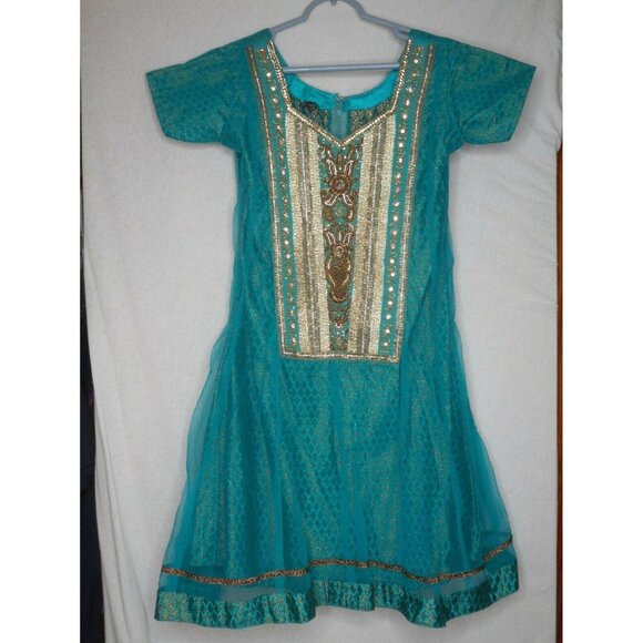 Gorgeous Beaded Teal Gold w Scarf Dress India - Picture 2 of 11